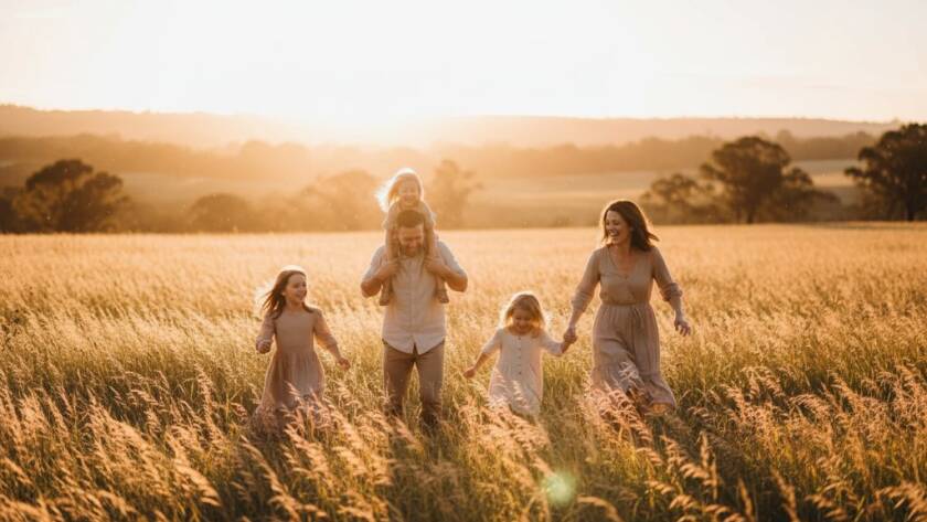 A joyous wide-angle shot of a family with two children laughing and running through a sun-dappled field at sunset in a Vermont park, perfectly illustrating Vermont Family Photography Capturing Authentic Moments with vibrant colours and emotional authenticity.