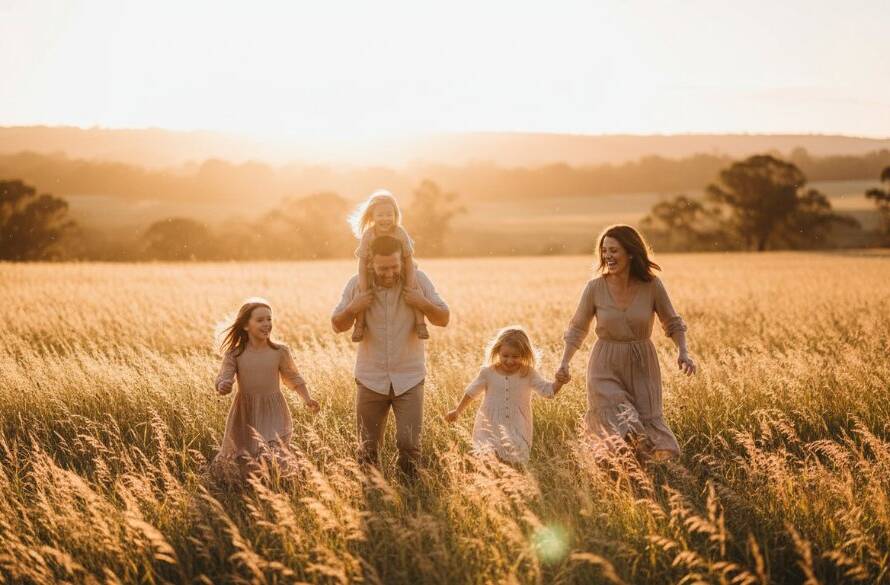 A joyous wide-angle shot of a family with two children laughing and running through a sun-dappled field at sunset in a Vermont park, perfectly illustrating Vermont Family Photography Capturing Authentic Moments with vibrant colours and emotional authenticity.
