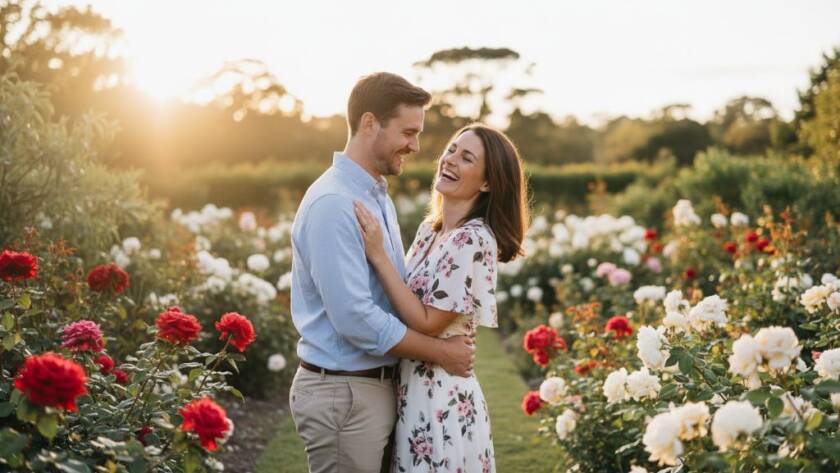 An ecstatic couple embraces amidst vibrant blooms at a Vermont garden engagement photography Victoria session, golden hour light illuminating their joyful expressions and the lush botanical surroundings, capturing an epic, romantic moment.