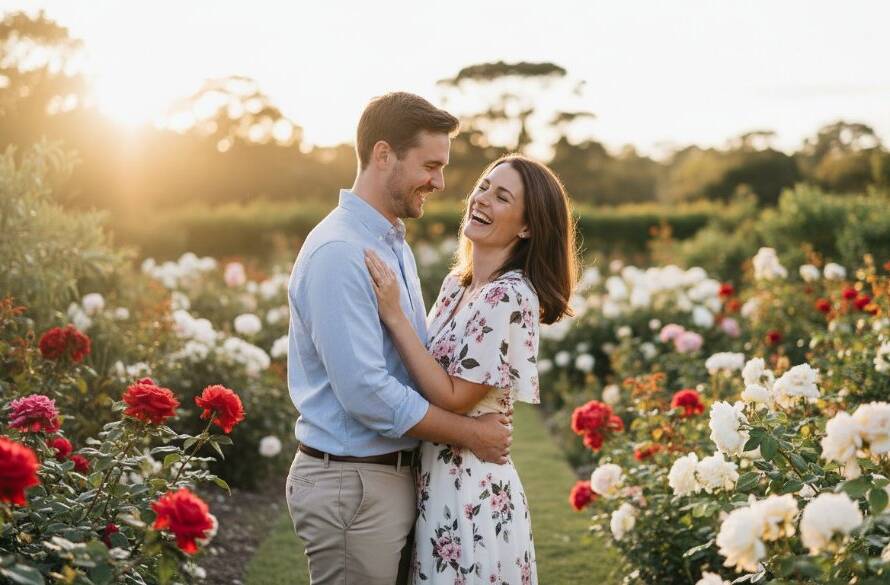 An ecstatic couple embraces amidst vibrant blooms at a Vermont garden engagement photography Victoria session, golden hour light illuminating their joyful expressions and the lush botanical surroundings, capturing an epic, romantic moment.