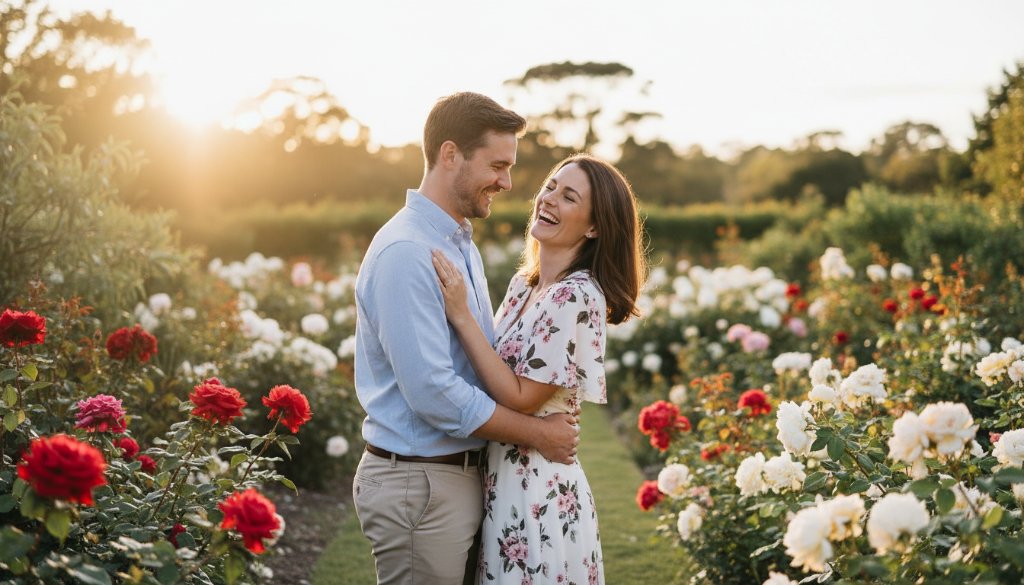 An ecstatic couple embraces amidst vibrant blooms at a Vermont garden engagement photography Victoria session, golden hour light illuminating their joyful expressions and the lush botanical surroundings, capturing an epic, romantic moment.