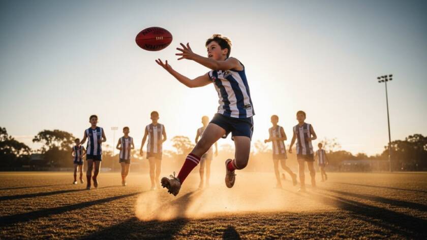 Dynamic action shot capturing an intense moment during a Vermont junior footy photography action shots match, with a player mid-kick under dramatic evening light.
