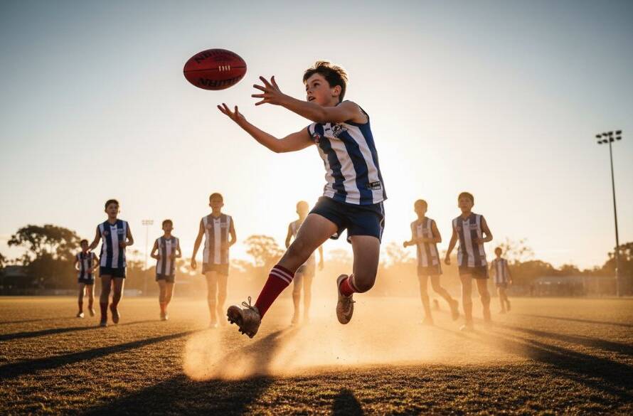 Dynamic action shot capturing an intense moment during a Vermont junior footy photography action shots match, with a player mid-kick under dramatic evening light.