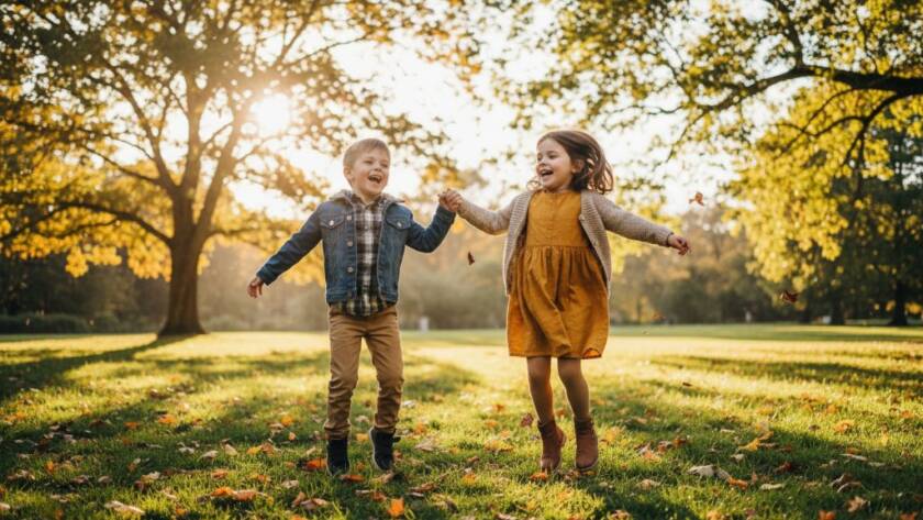 A wide-angle, low-angle shot capturing two siblings laughing joyfully while running through a sun-drenched park in Vermont, a professional example of Vermont kids photography authentic moments. The golden hour light creates a magical glow around them as autumn leaves kick up. Their expressions are pure, unposed delight, embodying a perfect candid moment.