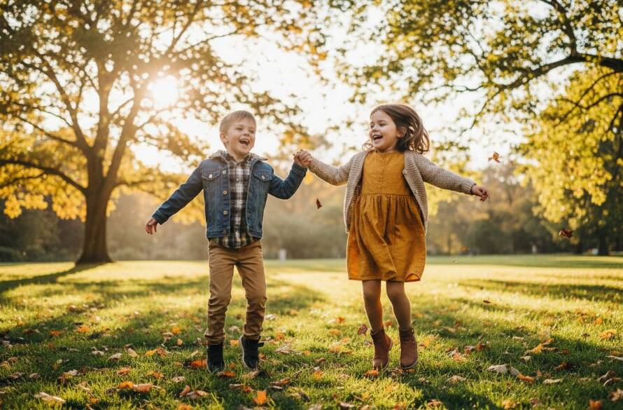 A wide-angle, low-angle shot capturing two siblings laughing joyfully while running through a sun-drenched park in Vermont, a professional example of Vermont kids photography authentic moments. The golden hour light creates a magical glow around them as autumn leaves kick up. Their expressions are pure, unposed delight, embodying a perfect candid moment.