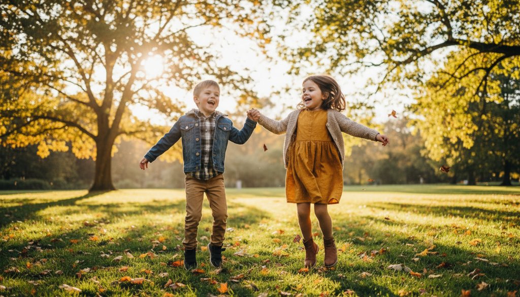 A wide-angle, low-angle shot capturing two siblings laughing joyfully while running through a sun-drenched park in Vermont, a professional example of Vermont kids photography authentic moments. The golden hour light creates a magical glow around them as autumn leaves kick up. Their expressions are pure, unposed delight, embodying a perfect candid moment.