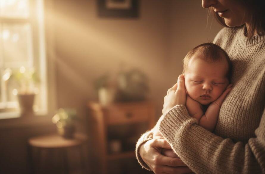 A heartwarming, professionally composed image showcasing Vermont newborn photography capturing authentic family moments, with a baby gently sleeping in a father's arms, bathed in soft morning light filtering through a window in a cosy Vermont home, evoking tender love and new beginnings.