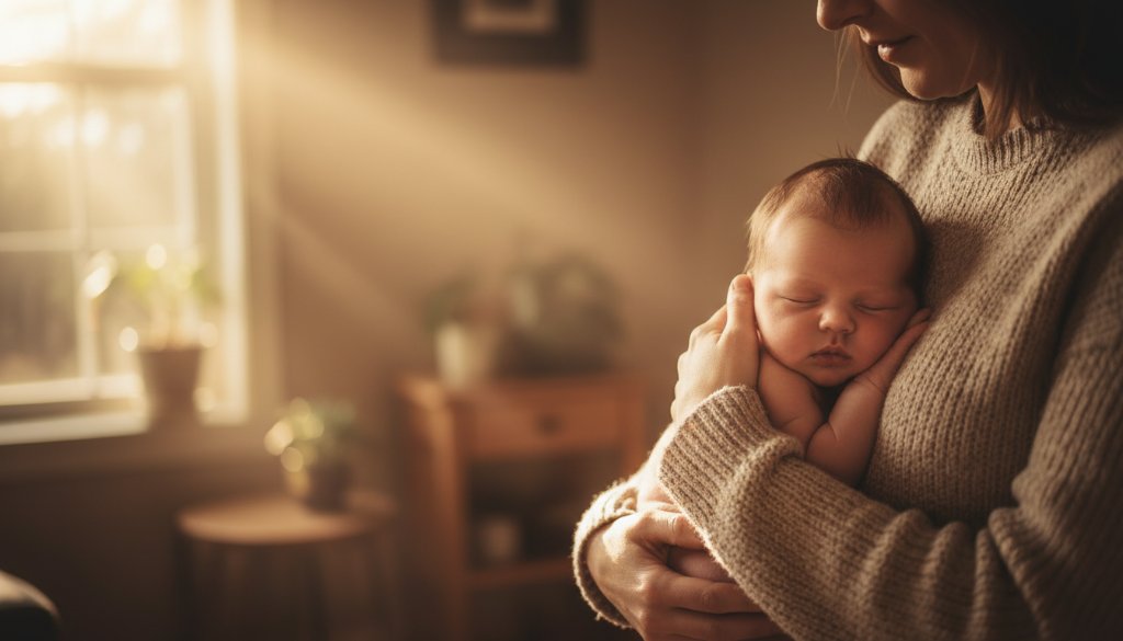 A heartwarming, professionally composed image showcasing Vermont newborn photography capturing authentic family moments, with a baby gently sleeping in a father's arms, bathed in soft morning light filtering through a window in a cosy Vermont home, evoking tender love and new beginnings.