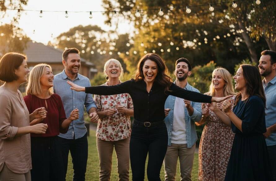 An ecstatic group of friends dancing and laughing joyously under string lights at a vibrant outdoor party in Vermont, Victoria, Australia, with a local Vermont party photographer capturing genuine celebration, bathed in warm, cinematic evening light.