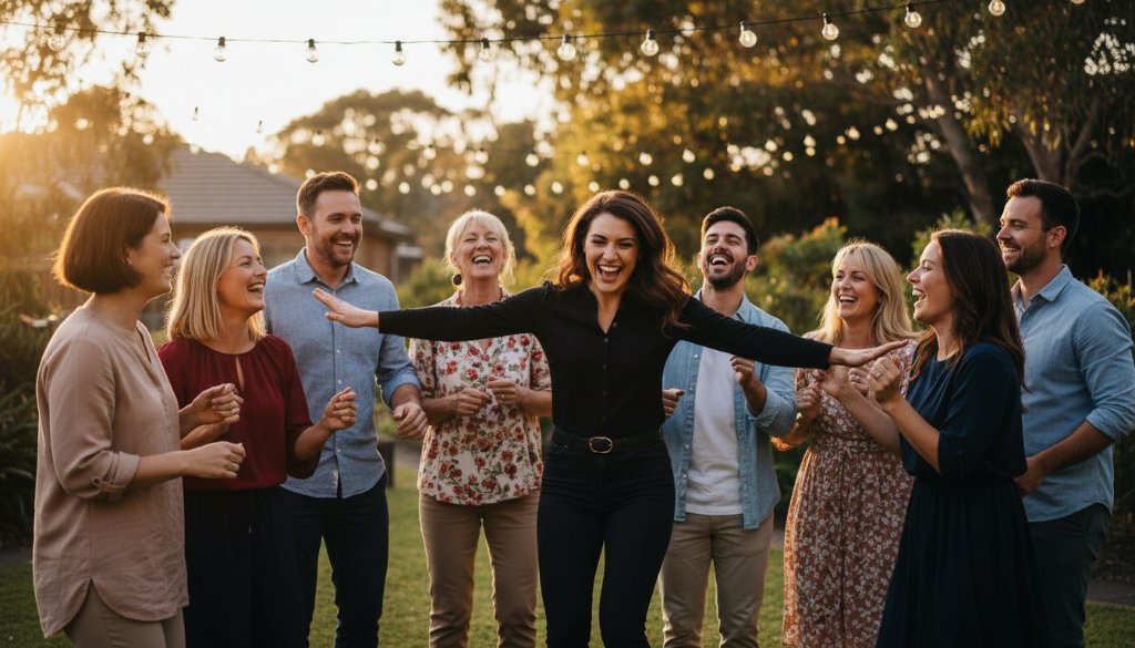 An ecstatic group of friends dancing and laughing joyously under string lights at a vibrant outdoor party in Vermont, Victoria, Australia, with a local Vermont party photographer capturing genuine celebration, bathed in warm, cinematic evening light.