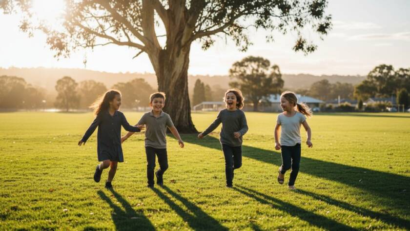 Dynamic group portrait showcasing students from Vermont school photography capturing authentic student stories, caught mid-laughter on a sunny Vermont oval, vibrant and full of life.