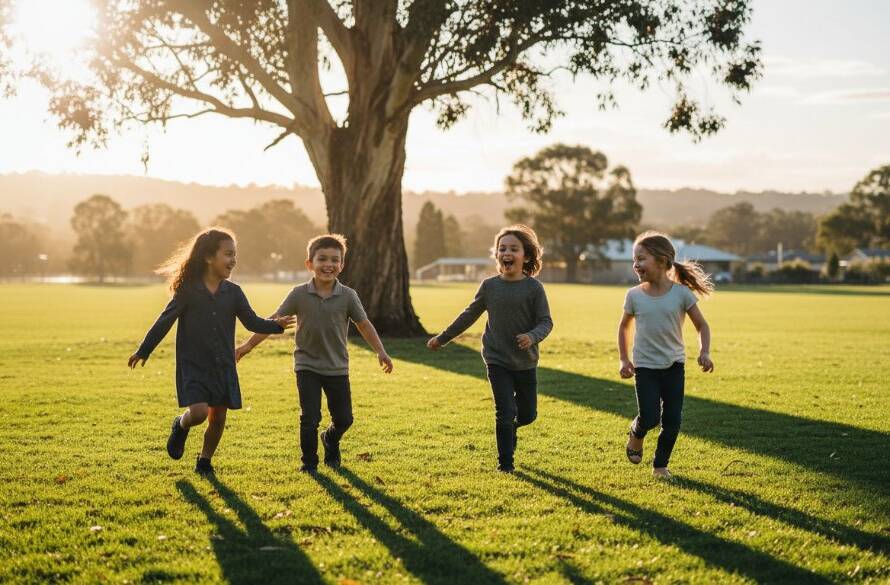 Dynamic group portrait showcasing students from Vermont school photography capturing authentic student stories, caught mid-laughter on a sunny Vermont oval, vibrant and full of life.