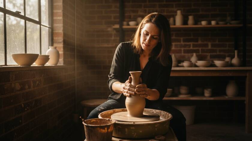 Dynamic Vermont South advertising photography to elevate local brands, showcasing a local artisan meticulously crafting their product in a beautifully lit workshop, captured with cinematic flair and dramatic chiaroscuro lighting.