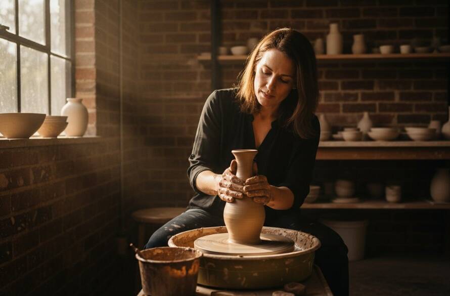 Dynamic Vermont South advertising photography to elevate local brands, showcasing a local artisan meticulously crafting their product in a beautifully lit workshop, captured with cinematic flair and dramatic chiaroscuro lighting.