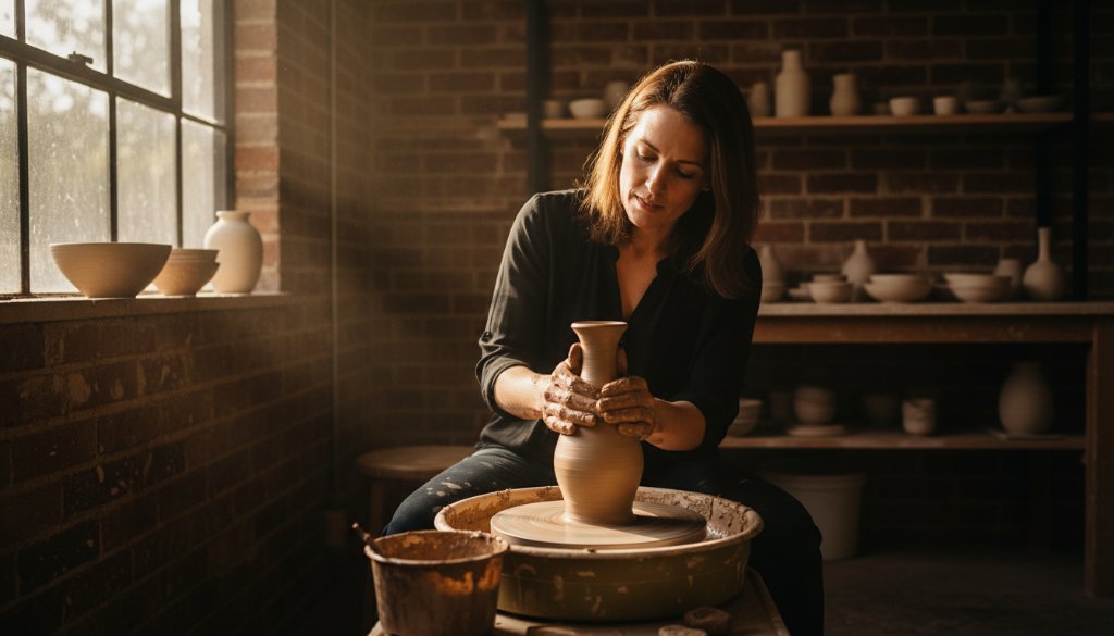 Dynamic Vermont South advertising photography to elevate local brands, showcasing a local artisan meticulously crafting their product in a beautifully lit workshop, captured with cinematic flair and dramatic chiaroscuro lighting.