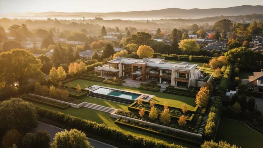 Stunning aerial view capturing an elegant modern home in Vermont South at sunrise, surrounded by lush green gardens and tree-lined streets, perfectly illustrating Vermont South drone photography for unique property marketing, with golden light reflecting off the pool and roof.