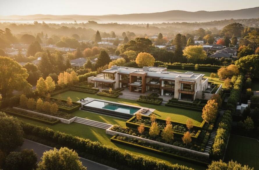 Stunning aerial view capturing an elegant modern home in Vermont South at sunrise, surrounded by lush green gardens and tree-lined streets, perfectly illustrating Vermont South drone photography for unique property marketing, with golden light reflecting off the pool and roof.