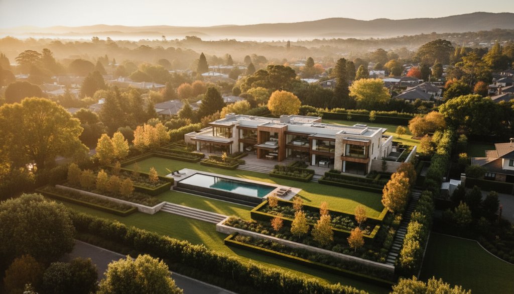 Stunning aerial view capturing an elegant modern home in Vermont South at sunrise, surrounded by lush green gardens and tree-lined streets, perfectly illustrating Vermont South drone photography for unique property marketing, with golden light reflecting off the pool and roof.