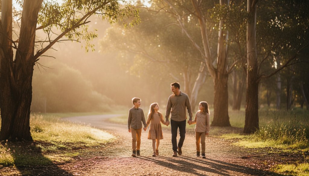 An evocative black and white image capturing an intimate family moment at a park in Vermont South, showcasing Vermont South fine art photography storytelling with dramatic lighting and a soft focus, portraying deep emotional connection.