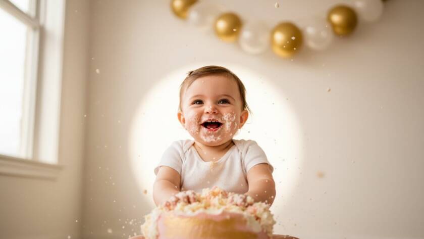 An adorable baby girl, covered in cake, joyfully smashes a pastel pink and gold cake in a beautifully decorated studio, captured during a professional Vermont South first birthday cake smash photography session, with dramatic backlighting highlighting the frosting mess and happy expression.