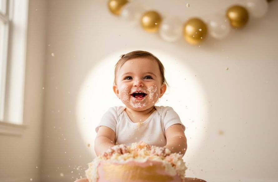An adorable baby girl, covered in cake, joyfully smashes a pastel pink and gold cake in a beautifully decorated studio, captured during a professional Vermont South first birthday cake smash photography session, with dramatic backlighting highlighting the frosting mess and happy expression.