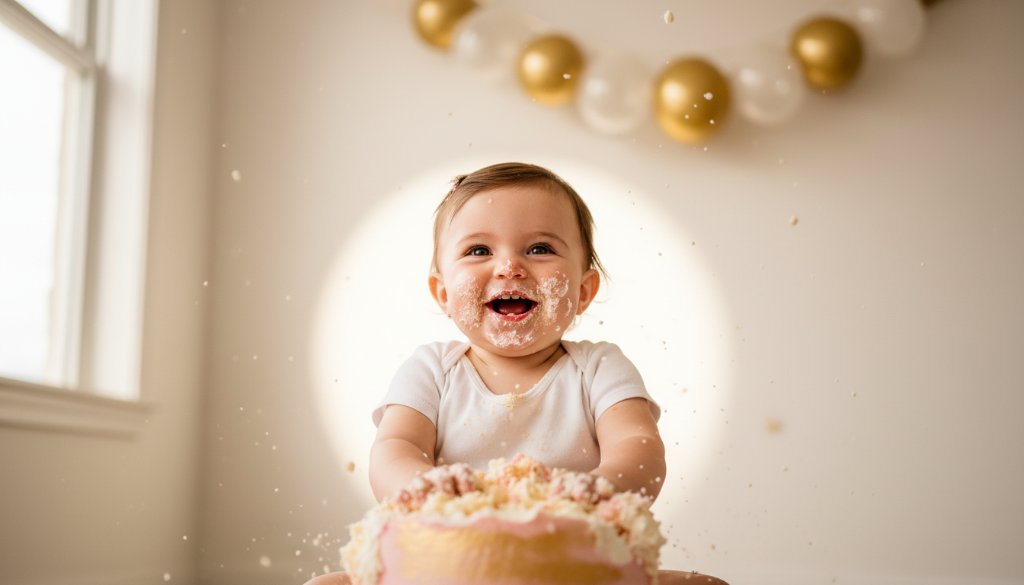 An adorable baby girl, covered in cake, joyfully smashes a pastel pink and gold cake in a beautifully decorated studio, captured during a professional Vermont South first birthday cake smash photography session, with dramatic backlighting highlighting the frosting mess and happy expression.