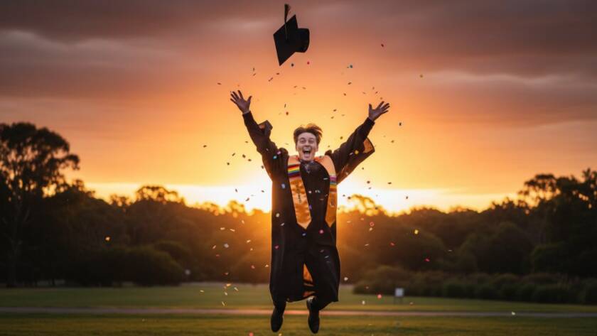 An ecstatic graduate in academic regalia, arms raised in triumph against a golden sunset backdrop in a park near Vermont South, epitomising Vermont South graduation photography celebrating success, with diploma in hand and family cheering in the soft-focus background.