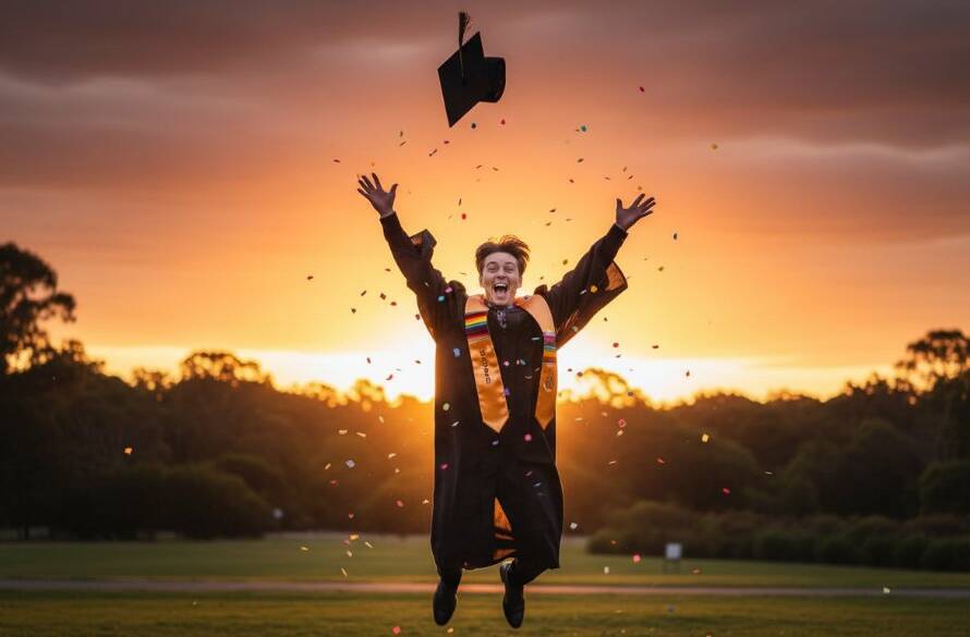An ecstatic graduate in academic regalia, arms raised in triumph against a golden sunset backdrop in a park near Vermont South, epitomising Vermont South graduation photography celebrating success, with diploma in hand and family cheering in the soft-focus background.