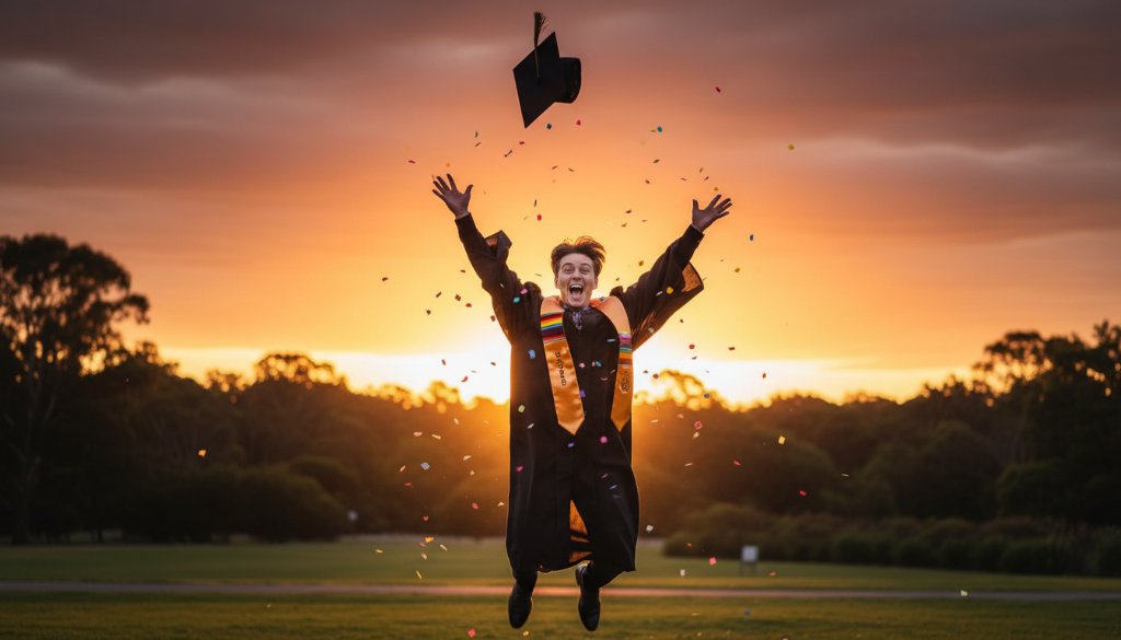 An ecstatic graduate in academic regalia, arms raised in triumph against a golden sunset backdrop in a park near Vermont South, epitomising Vermont South graduation photography celebrating success, with diploma in hand and family cheering in the soft-focus background.