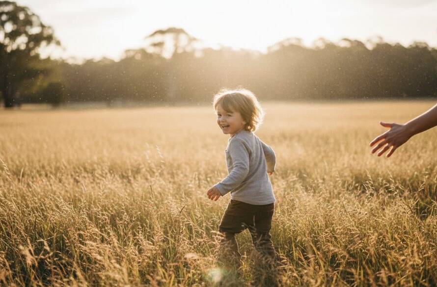 A vibrant, golden-hour photograph capturing a child's joyful leap amidst autumn leaves in a Vermont South park, showcasing the essence of Vermont South kids photography playful outdoor sessions with dynamic lighting.