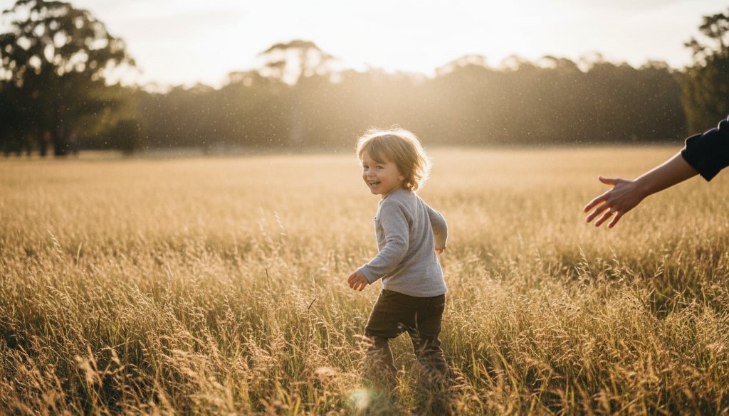 A vibrant, golden-hour photograph capturing a child's joyful leap amidst autumn leaves in a Vermont South park, showcasing the essence of Vermont South kids photography playful outdoor sessions with dynamic lighting.