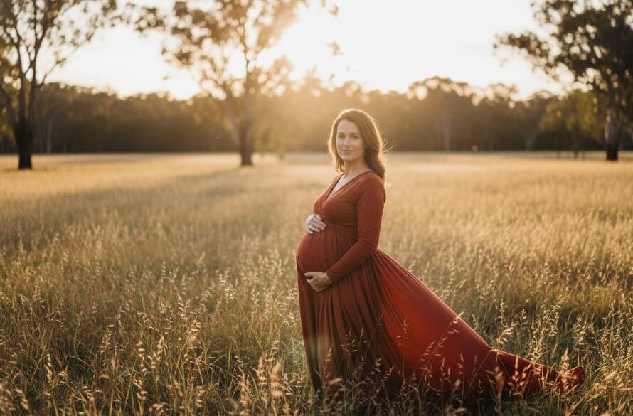 A pregnant woman, bathed in the soft glow of golden hour light in a scenic Vermont South park, posing elegantly for Vermont South maternity photography outdoor golden hour, creating an epic, serene portrait.