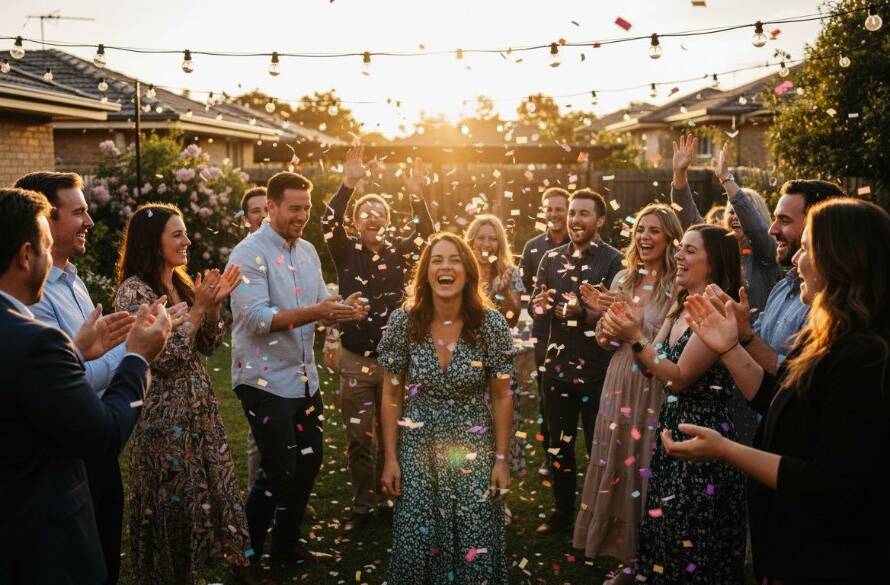 A candid, wide-angle shot of a vibrant outdoor birthday party in a Vermont South backyard at dusk, with guests laughing and dancing under string lights, captured by Image by SD, showcasing Vermont South party photography for unforgettable celebrations with dramatic lighting and professional colour grading.