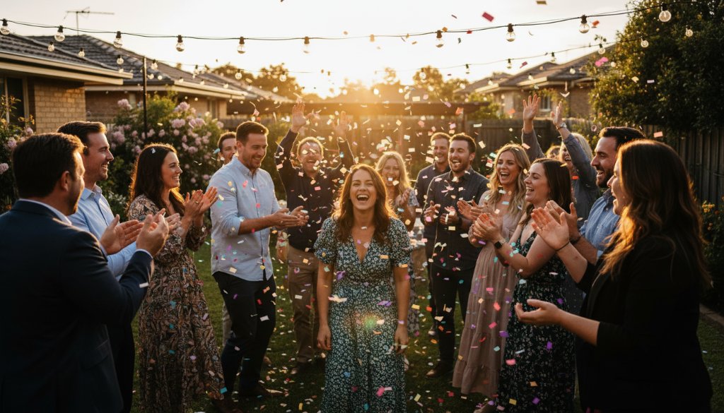 A candid, wide-angle shot of a vibrant outdoor birthday party in a Vermont South backyard at dusk, with guests laughing and dancing under string lights, captured by Image by SD, showcasing Vermont South party photography for unforgettable celebrations with dramatic lighting and professional colour grading.