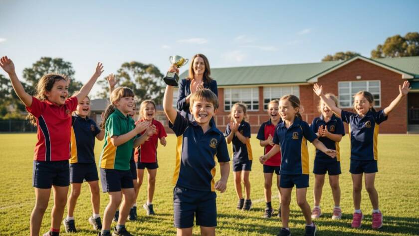 A vibrant, professionally color-graded wide-angle shot of a group of excited primary school children in Vermont South, celebrating after a successful sports day, with their teacher cheering them on in the foreground, capturing the essence of Vermont South school photography capturing cherished memories. The late afternoon sun casts a warm, dramatic glow across their joyful faces and the school oval.