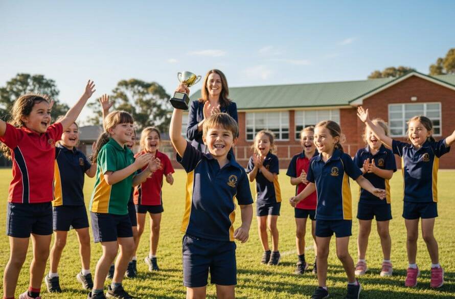 A vibrant, professionally color-graded wide-angle shot of a group of excited primary school children in Vermont South, celebrating after a successful sports day, with their teacher cheering them on in the foreground, capturing the essence of Vermont South school photography capturing cherished memories. The late afternoon sun casts a warm, dramatic glow across their joyful faces and the school oval.