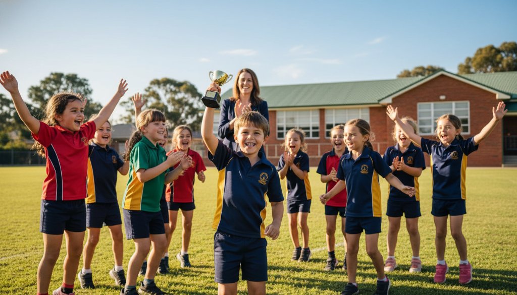 A vibrant, professionally color-graded wide-angle shot of a group of excited primary school children in Vermont South, celebrating after a successful sports day, with their teacher cheering them on in the foreground, capturing the essence of Vermont South school photography capturing cherished memories. The late afternoon sun casts a warm, dramatic glow across their joyful faces and the school oval.