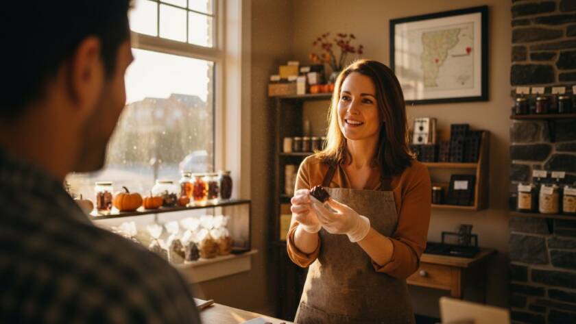 A dynamic wide shot of a small business owner in Vermont South passionately interacting with customers at their beautifully branded coffee cart, sunlight streaming through autumn leaves, capturing the essence of Vermont South small business branding photography with a cinematic feel.