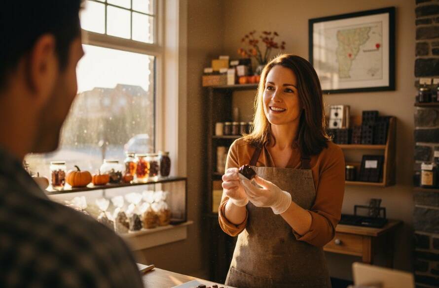 A dynamic wide shot of a small business owner in Vermont South passionately interacting with customers at their beautifully branded coffee cart, sunlight streaming through autumn leaves, capturing the essence of Vermont South small business branding photography with a cinematic feel.
