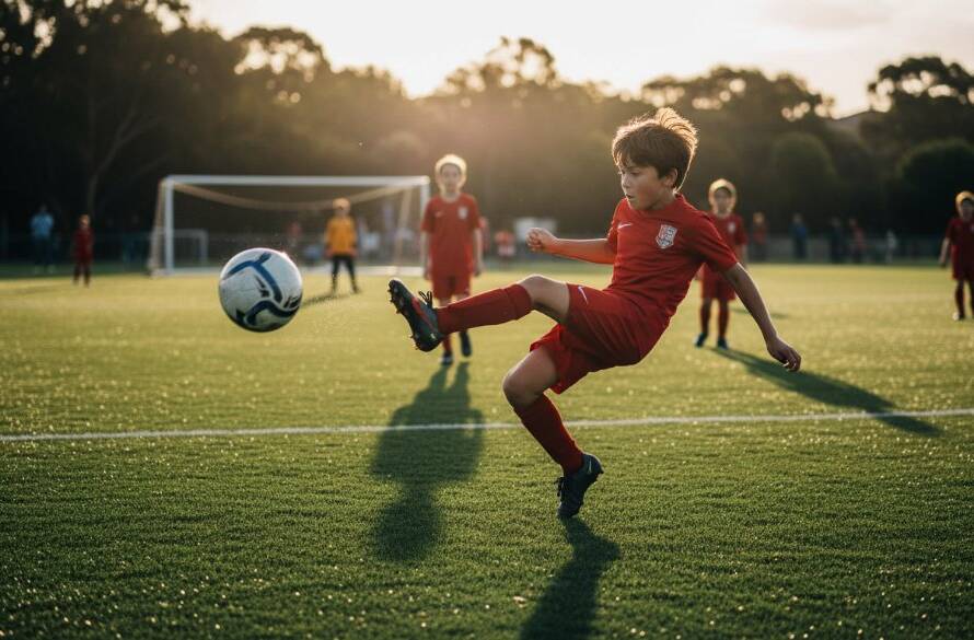 A dramatic wide-angle photograph capturing a junior soccer player in Vermont South, mid-air with intense focus, scoring a goal against the vibrant green backdrop of a local park at sunset, demonstrating Vermont South Sports Photography Capturing Peak Action.