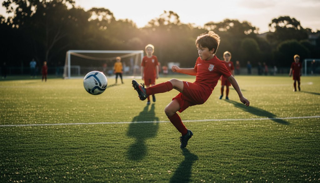 A dramatic wide-angle photograph capturing a junior soccer player in Vermont South, mid-air with intense focus, scoring a goal against the vibrant green backdrop of a local park at sunset, demonstrating Vermont South Sports Photography Capturing Peak Action.
