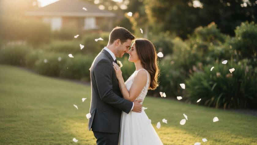A newlywed couple shares a passionate kiss amidst a shower of petals at sunset in a beautiful Vermont South garden, beautifully captured in vibrant candid moments, showcasing the joy and emotion of their wedding day.
