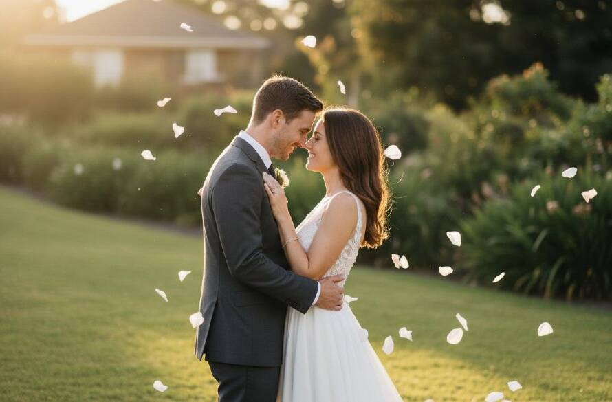 A newlywed couple shares a passionate kiss amidst a shower of petals at sunset in a beautiful Vermont South garden, beautifully captured in vibrant candid moments, showcasing the joy and emotion of their wedding day.