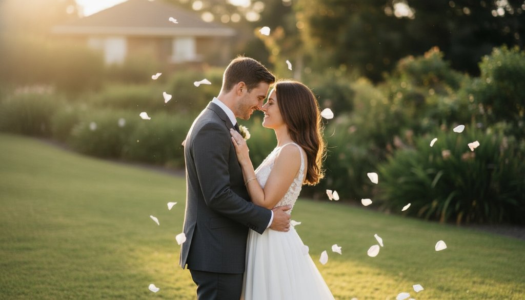 A newlywed couple shares a passionate kiss amidst a shower of petals at sunset in a beautiful Vermont South garden, beautifully captured in vibrant candid moments, showcasing the joy and emotion of their wedding day.