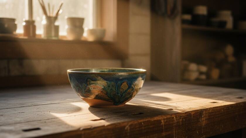 Dynamic close-up shot of a handcrafted ceramic mug from a Vermont artisan, expertly illuminated with cinematic lighting, reflecting the quality of Vermont Victoria artisan product photography for local brands, set against a blurred backdrop of a rustic workshop, capturing an 'epic moment' of artistry.