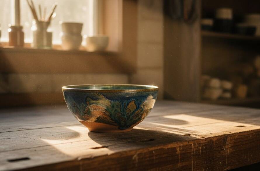 Dynamic close-up shot of a handcrafted ceramic mug from a Vermont artisan, expertly illuminated with cinematic lighting, reflecting the quality of Vermont Victoria artisan product photography for local brands, set against a blurred backdrop of a rustic workshop, capturing an 'epic moment' of artistry.