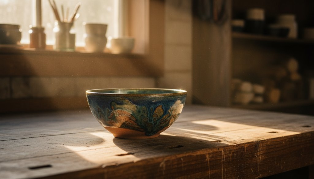 Dynamic close-up shot of a handcrafted ceramic mug from a Vermont artisan, expertly illuminated with cinematic lighting, reflecting the quality of Vermont Victoria artisan product photography for local brands, set against a blurred backdrop of a rustic workshop, capturing an 'epic moment' of artistry.