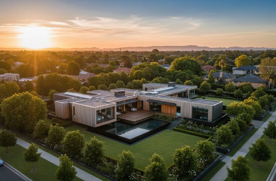 An epic aerial shot showcasing a modern family home nestled amongst lush greenery in Vermont, Victoria, captured with Vermont Victoria bespoke drone property photography, bathed in golden hour light with a dramatic sky.
