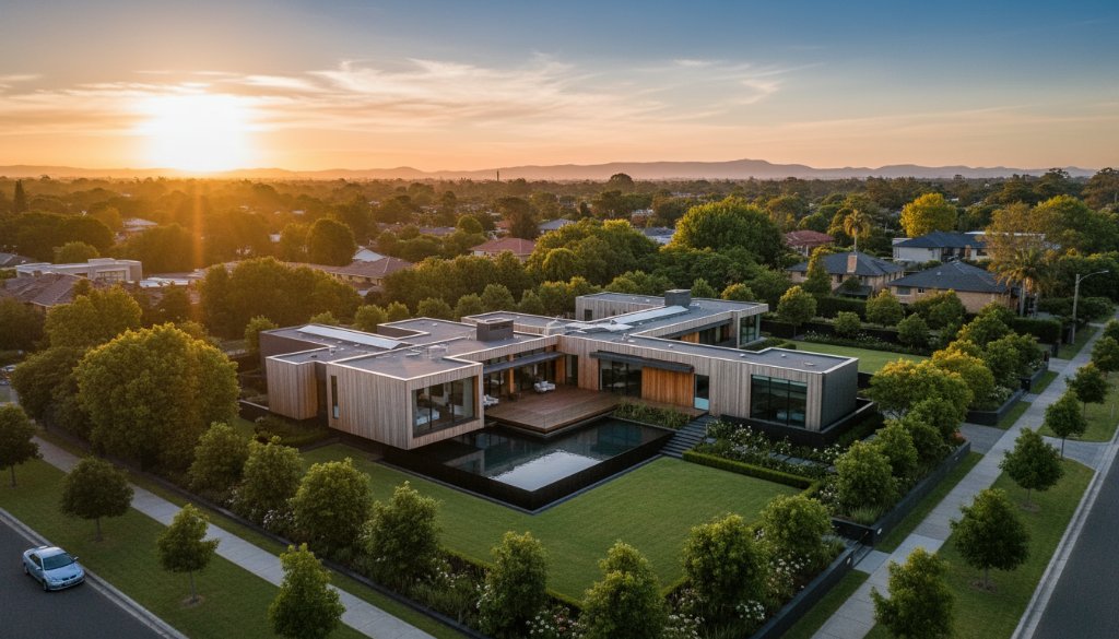 An epic aerial shot showcasing a modern family home nestled amongst lush greenery in Vermont, Victoria, captured with Vermont Victoria bespoke drone property photography, bathed in golden hour light with a dramatic sky.