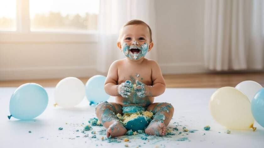 A close-up, heartwarming, wide-angle "epic moment" photograph of a joyous baby completely covered in colourful cake, giggling amidst pastel balloons and a custom-designed cake, with soft, golden sunlight streaming through a window suggesting a lovely Vermont home, capturing the pure fun of Vermont Victoria cake smash photography for first birthdays.